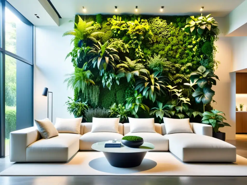 Un salón moderno con un impresionante jardín vertical interior de plantas exuberantes, creando armonía y paz con el Feng Shui