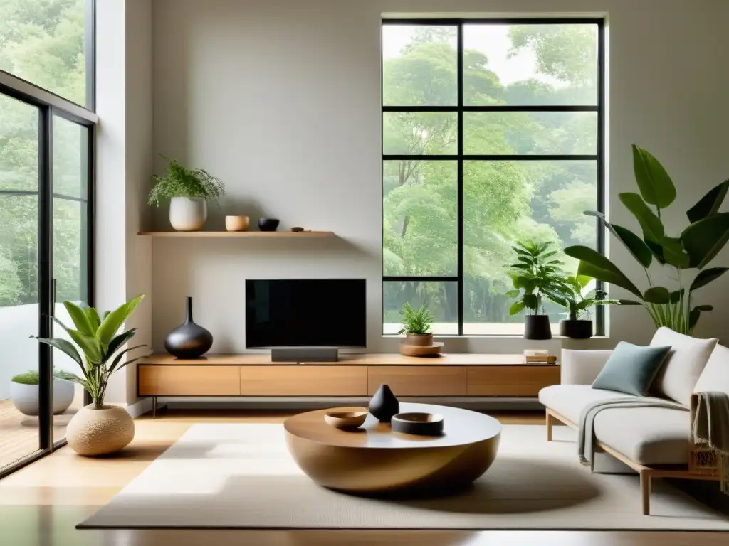 Un salón moderno y minimalista con diseño ecofriendly y elementos de Feng Shui para reducir desechos