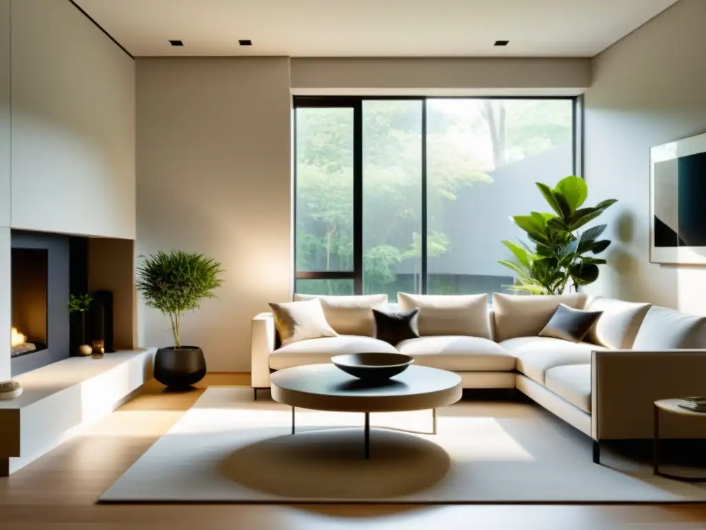 Un salón moderno y minimalista con elementos de Feng Shui en espacios modernos, iluminado por luz natural