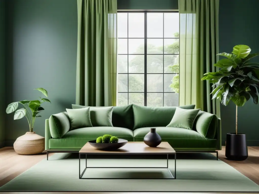 Un salón moderno y minimalista en verde, promoviendo la importancia del color verde en Feng Shui con su atmósfera serena y armoniosa