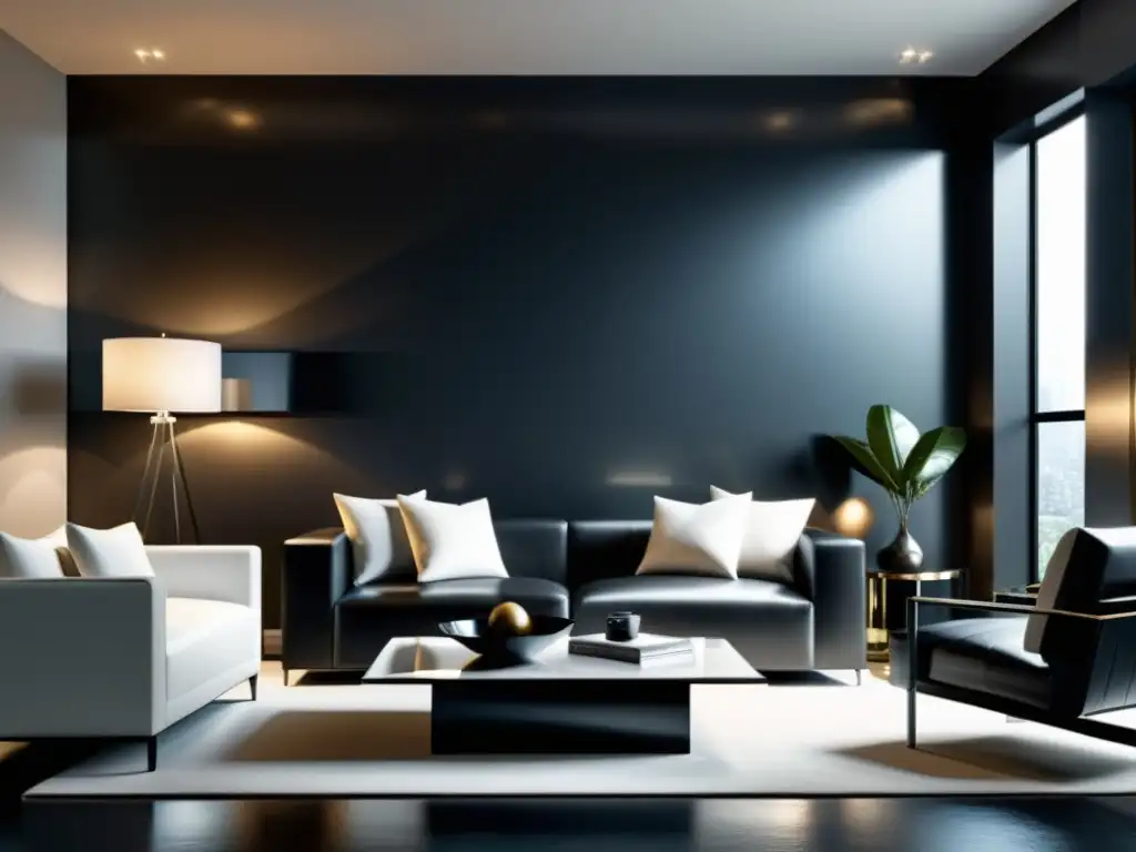 Sala de estar moderna con mobiliario negro y estilo minimalista Salón moderno con muebles negros y toques plateados, resaltando el significado del color negro en decoración