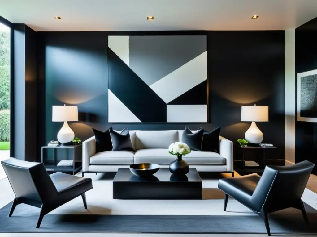 Sofisticada sala de estar con pared negra y decoración minimalista Salón moderno con pared negra y decoración minimalista
