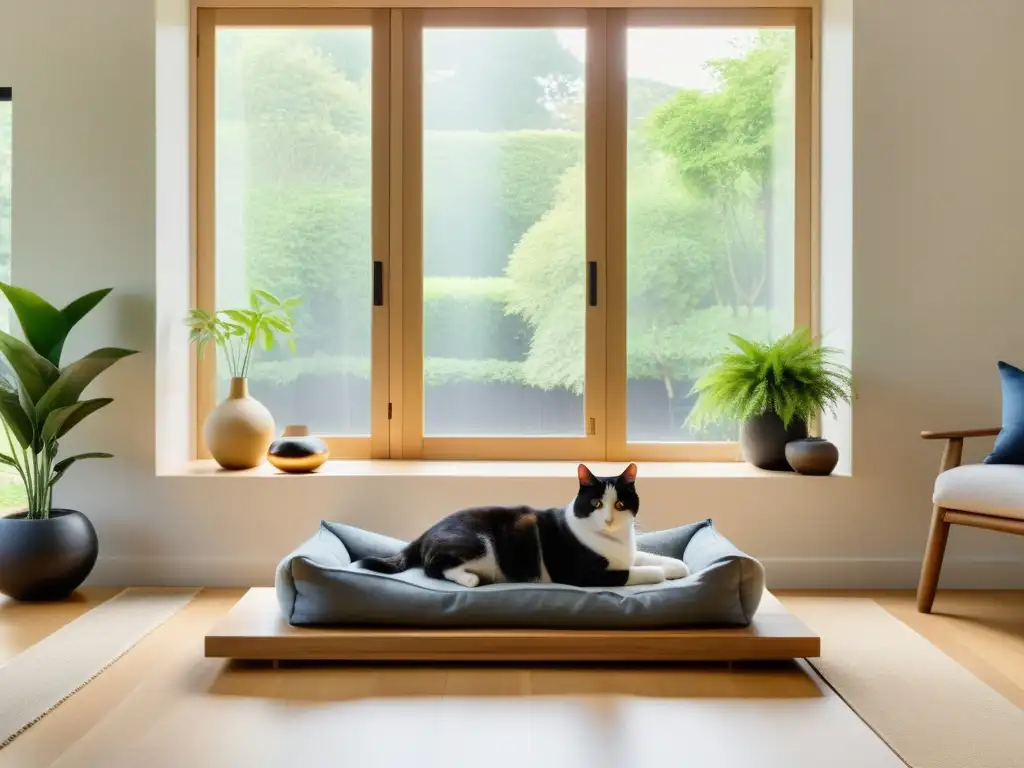 Un salón sereno con Feng Shui adaptado para mascotas, con gato y perro relajados en armonía