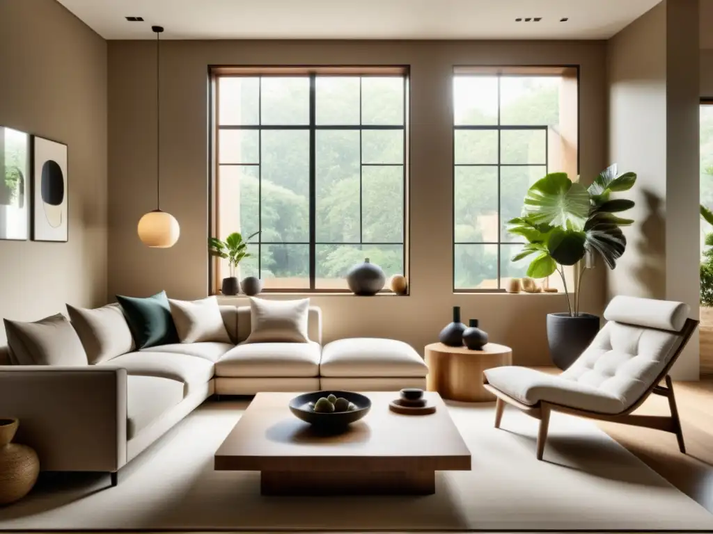 Salón sereno con decoración Feng Shui en Occidente, armonía y equilibrio en tonos terrosos