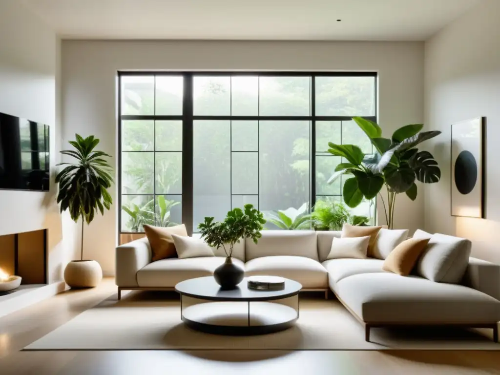 Salón sereno con arreglos de plantas y mobiliario equilibrado, ideal para celebraciones con Feng Shui