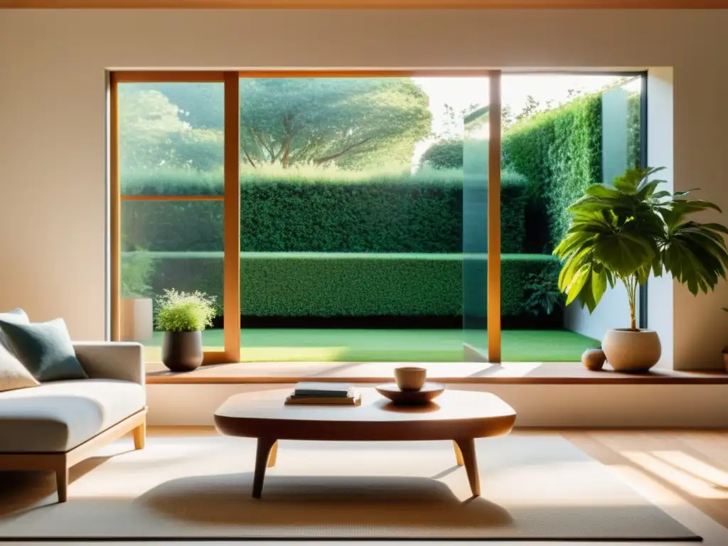 Salón sereno con decoración Feng Shui para crisis emocional: ventana grande que da a un jardín tranquilo, elementos naturales y luz cálida