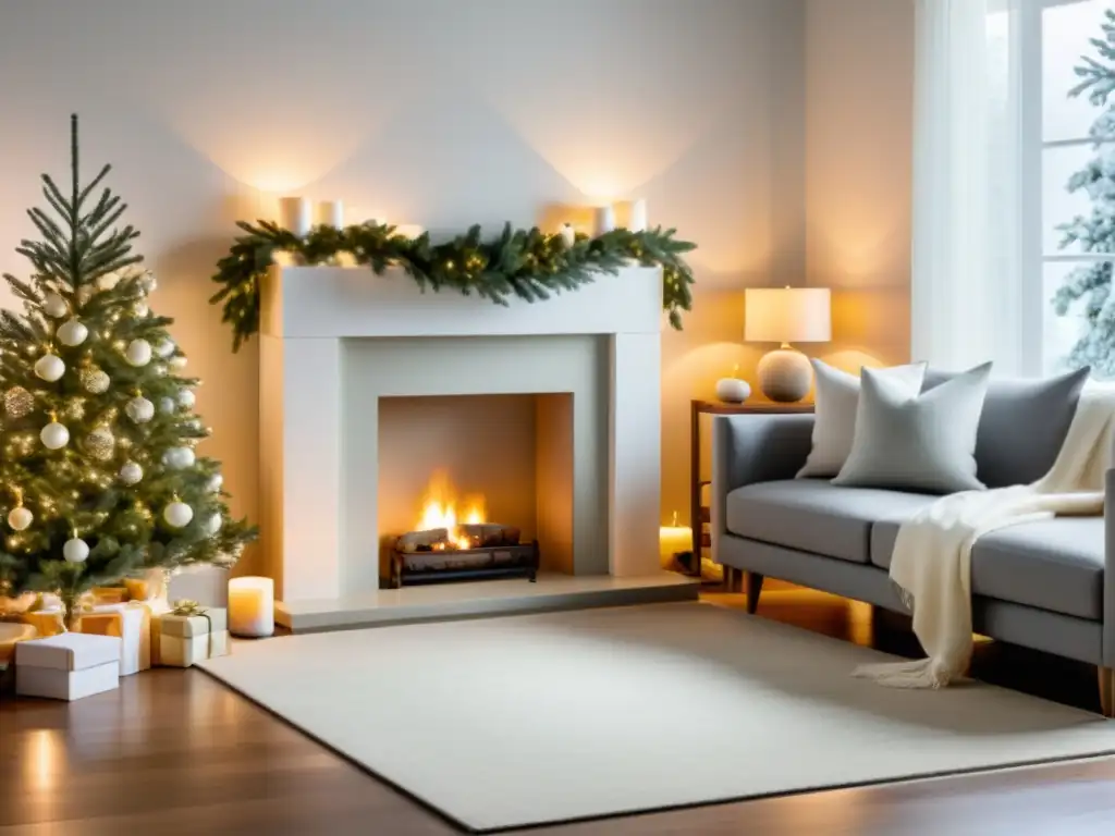 Un salón sereno con decoraciones navideñas minimalistas, respetando el Feng Shui