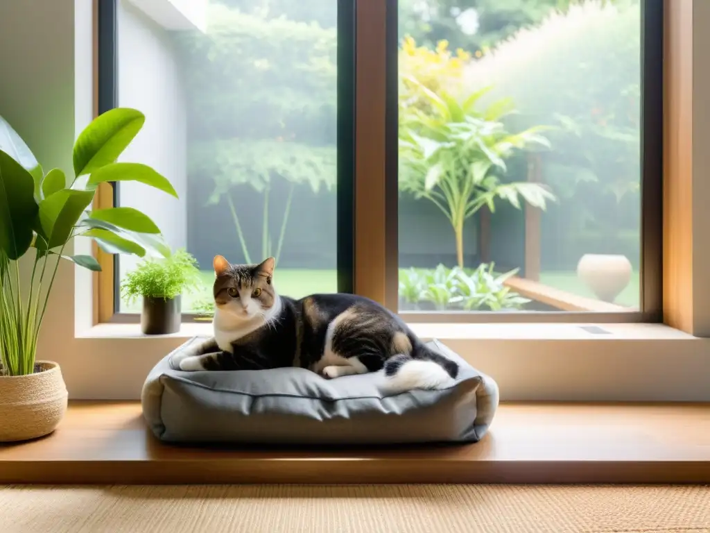 Salón sereno con Feng Shui, decorado en tonos tierra, integrando armonía con mascotas felices