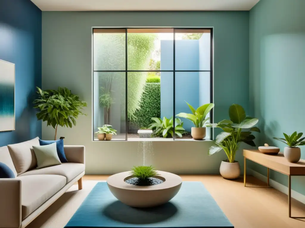 Salón sereno con diseño minimalista y estrategias Feng Shui para armonizar hogar