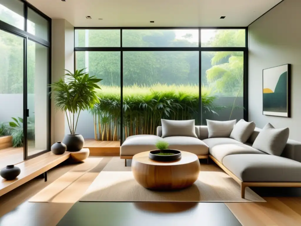 Salón sereno con diseño sostenible y claves de ubicación Feng Shui