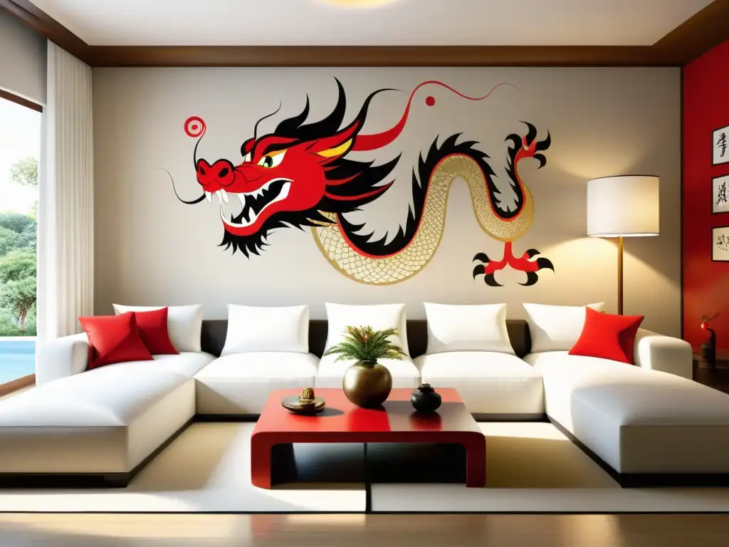 Salón sereno con dragones chinos y elementos de feng shui para energía positiva