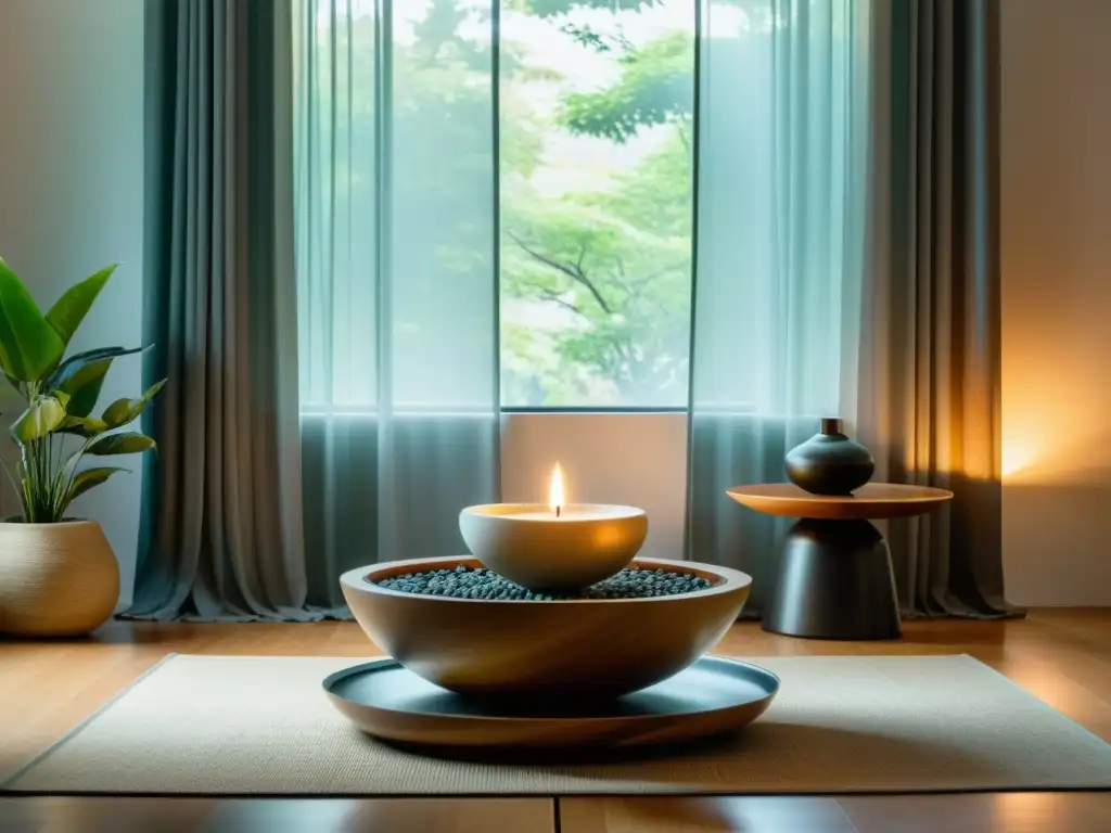 Un salón sereno con iluminación efectiva y equilibrio Feng Shui, propiciando armonía y paz