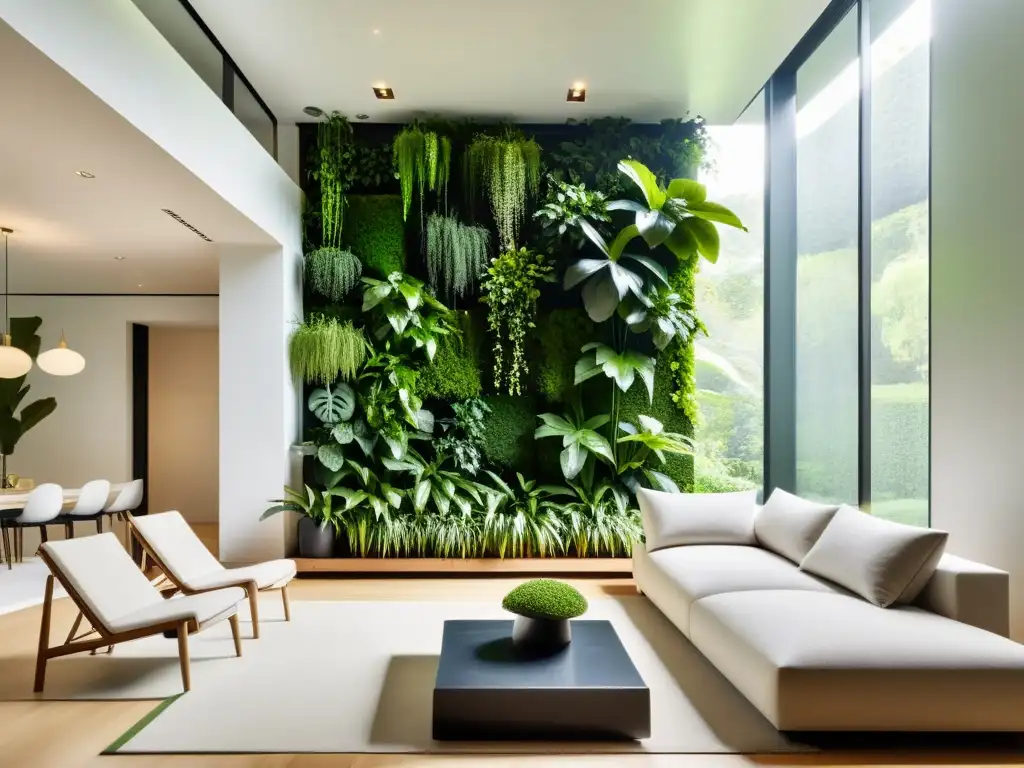 Un salón sereno con un elegante jardín vertical que promueve la energía positiva según los principios del Feng Shui