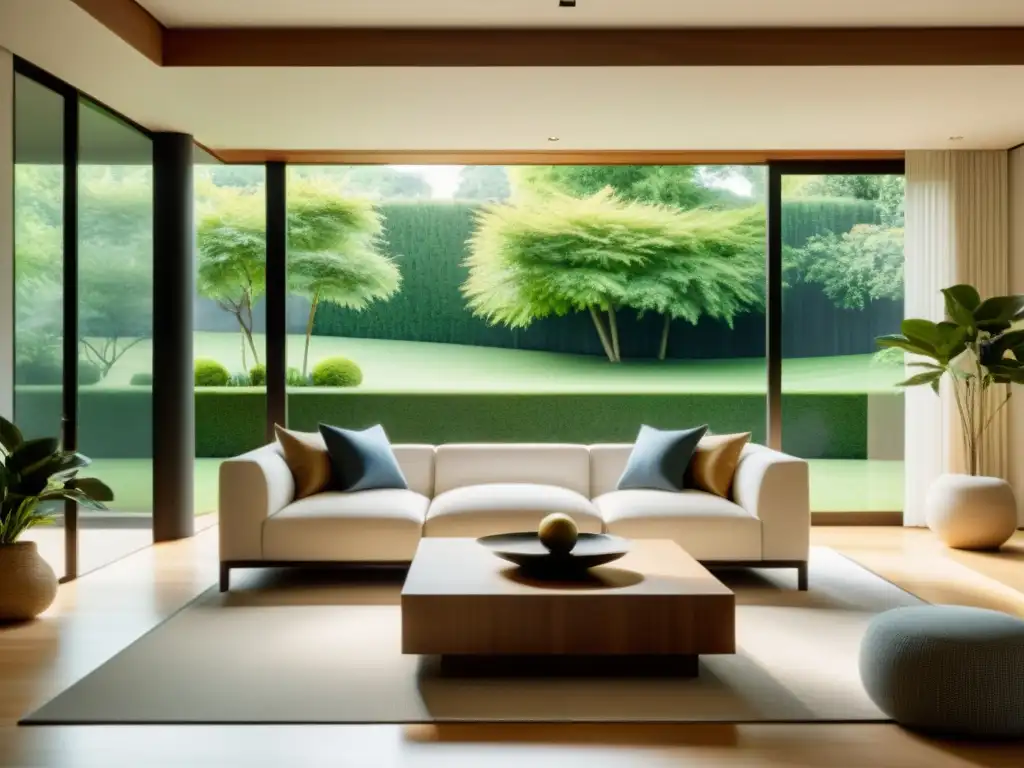 Salón sereno con elementos de Feng Shui, fluyendo con la energía del Feng Shui en armonía con la naturaleza