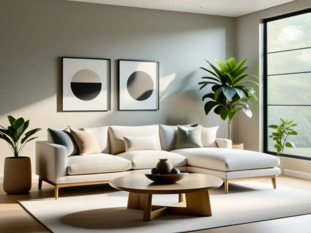 Un salón sereno con energía del Feng Shui: luz natural, líneas limpias y decoración armoniosa