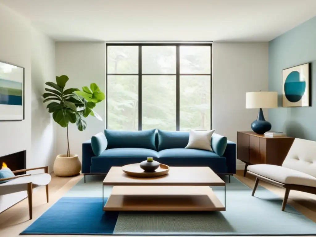 Salón sereno con equilibrio de muebles, paleta neutra con toques de colores terrosos y azules