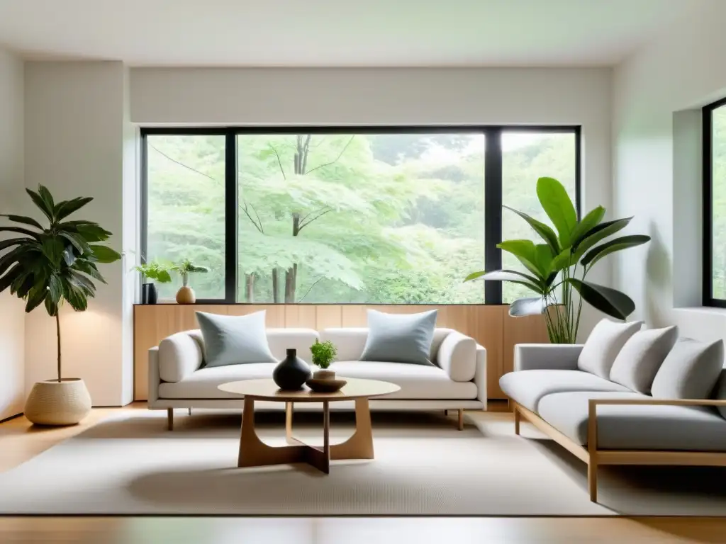 Un salón sereno de diseño escandinavo armonización hogar Feng Shui con líneas limpias, colores neutros y una atmósfera de tranquilidad y equilibrio