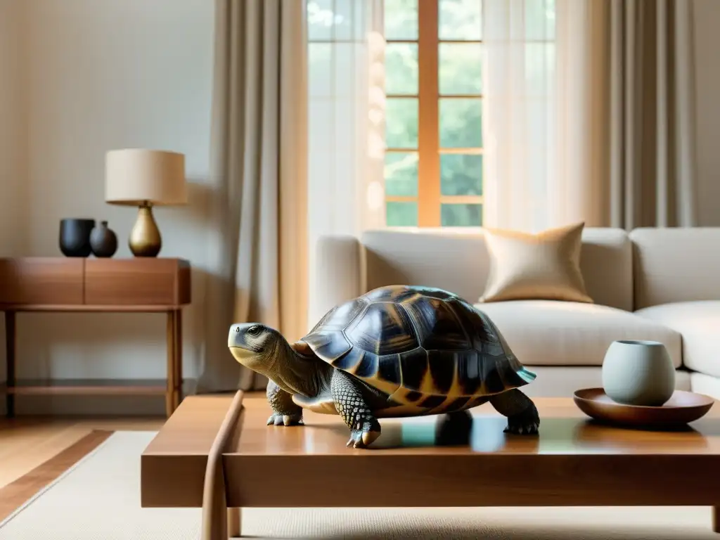 Un salón sereno con escultura de tortuga, simbolizando estabilidad en Feng Shui