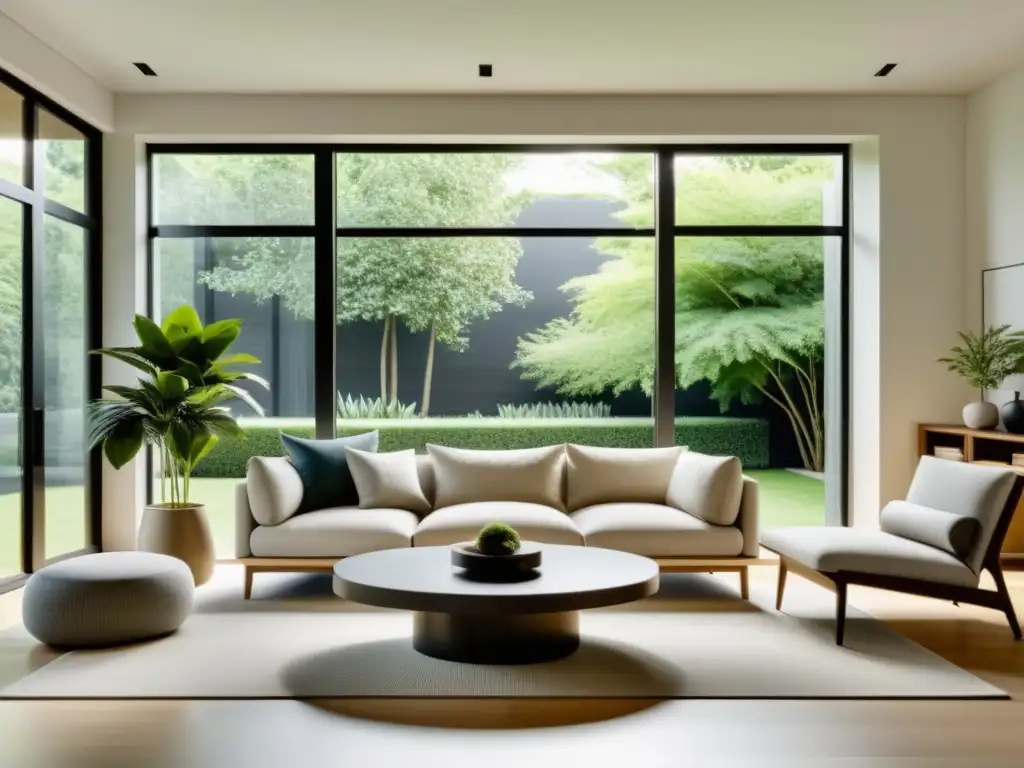 Salón sereno con formas arquitectónicas en Feng Shui, luz natural y armonía con la naturaleza