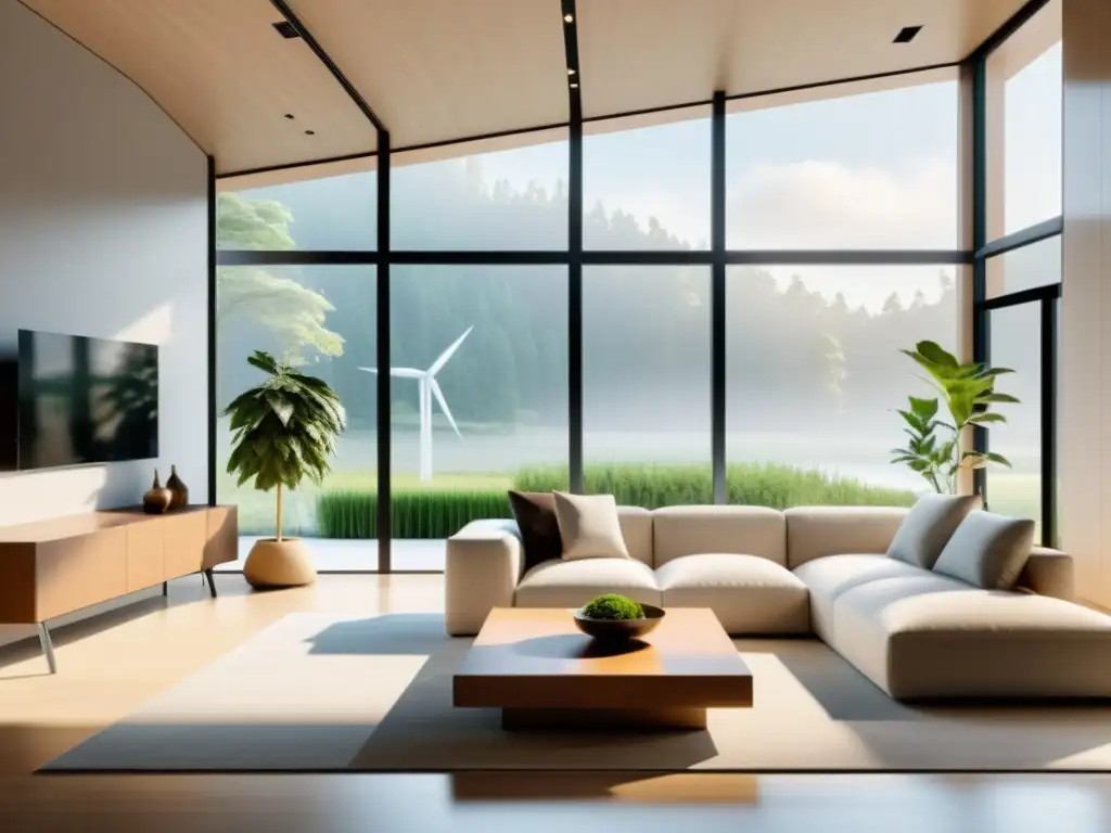 Salón sereno con integración de energía renovable y Feng Shui, armonía sostenible con luz natural y tonos terrosos