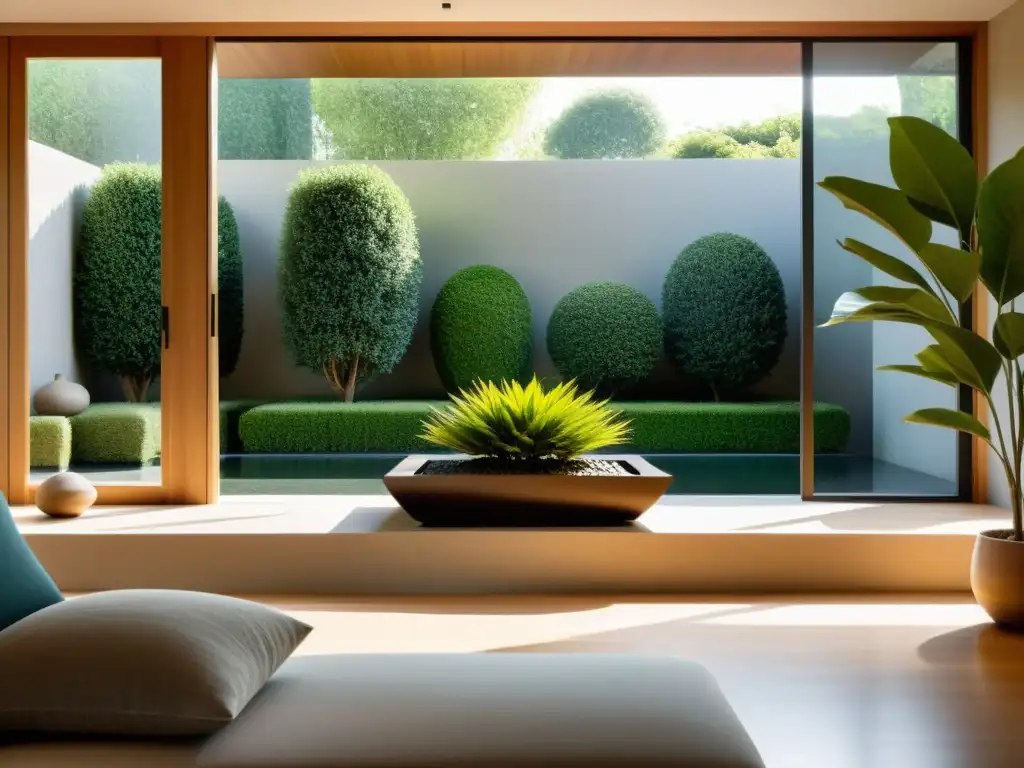 Un salón sereno y luminoso con decoración natural y armonía Feng Shui para renovación sostenible