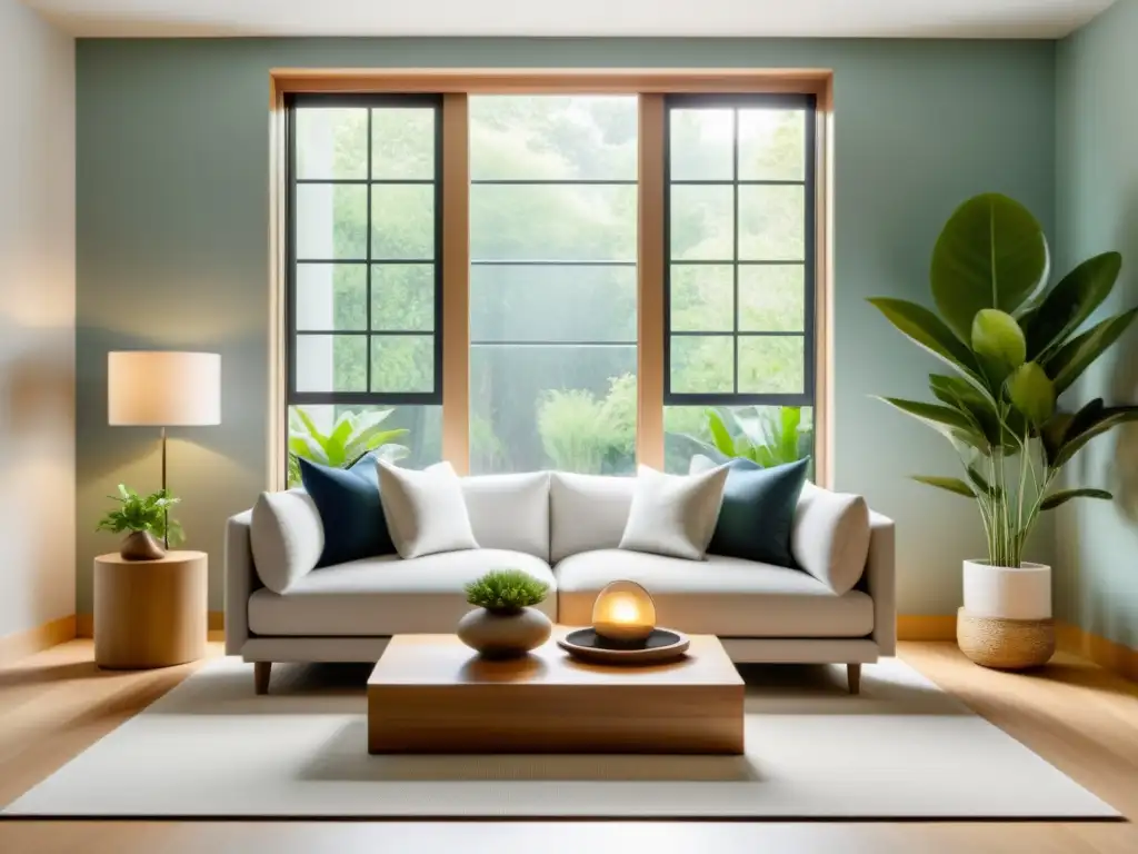 Un salón sereno con diseño Feng Shui para mascotas en casa, con ventana grande que da a un jardín tranquilo y muebles minimalistas