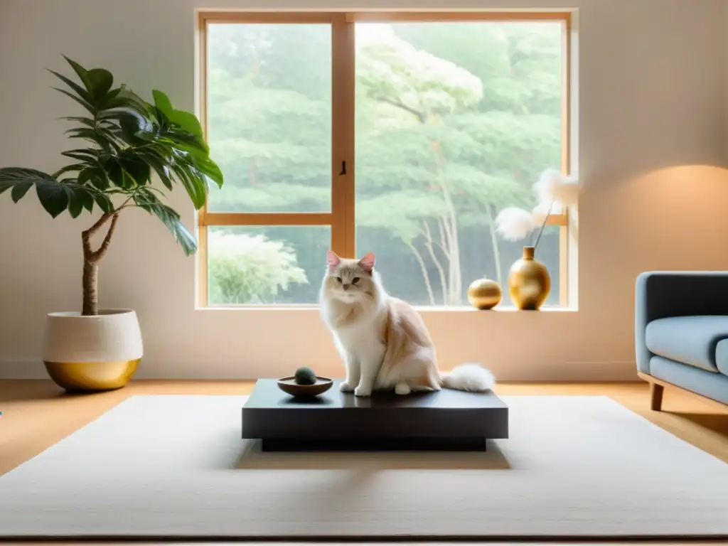 Un salón sereno con mascotas y energía Feng Shui: luz natural, equilibrio y armonía