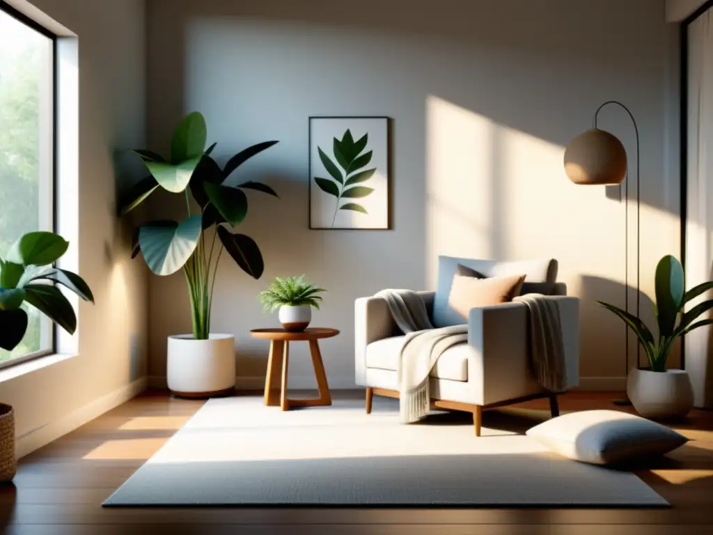 Un salón sereno y minimalista con diseño Feng Shui hogar, auriculares