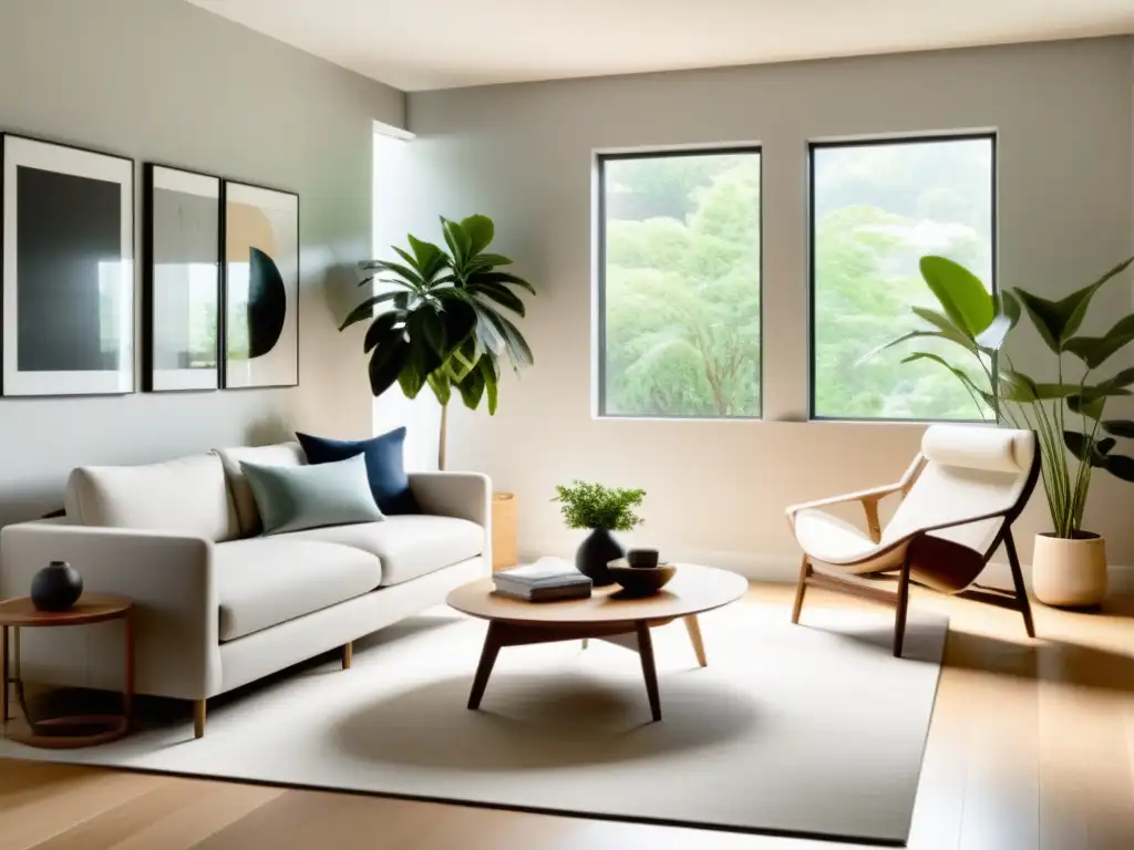 Un salón sereno y minimalista con armonía y tranquilidad siguiendo los principios del Feng Shui