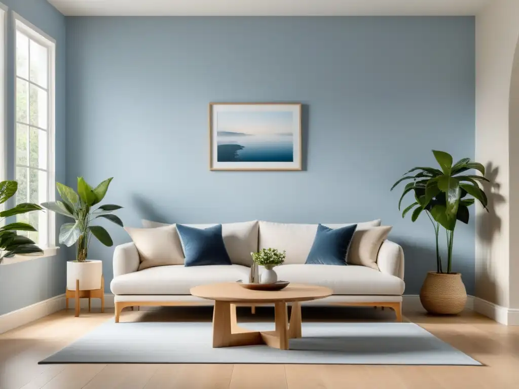 Salón sereno y minimalista con colores para armonía Feng Shui