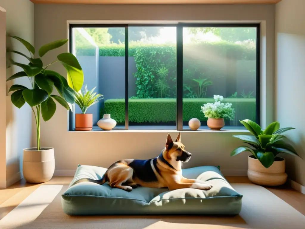 Un salón sereno y minimalista con colores naturales, rodeado de plantas y una fuente, ideal para la armonización área comida mascotas Feng Shui