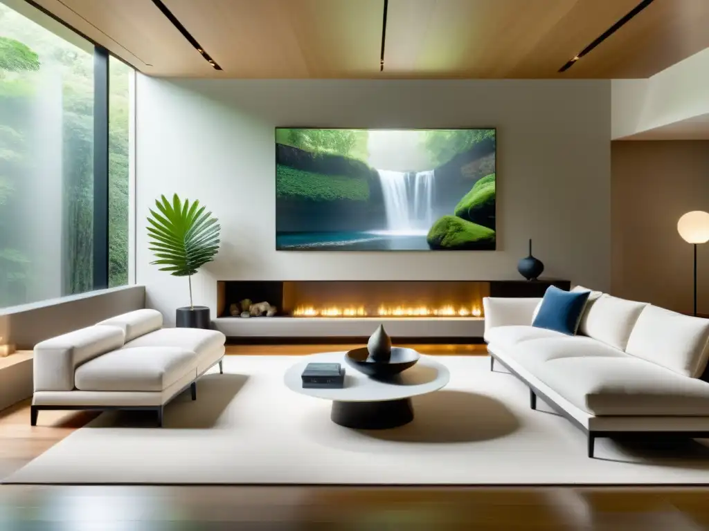 Un salón sereno y minimalista con cuadros y esculturas para Feng Shui, iluminado con luz natural y una cascada tranquila que añade armonía