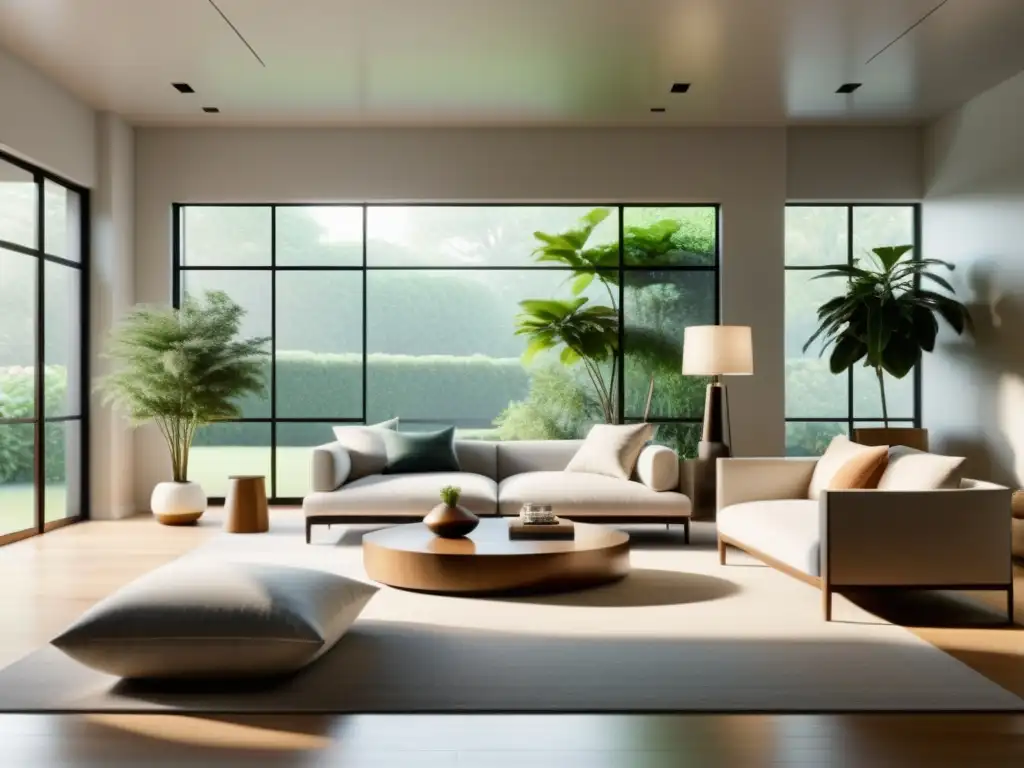 Un salón sereno y minimalista con diseño consciente Feng Shui, equilibrio y armonía en la decoración