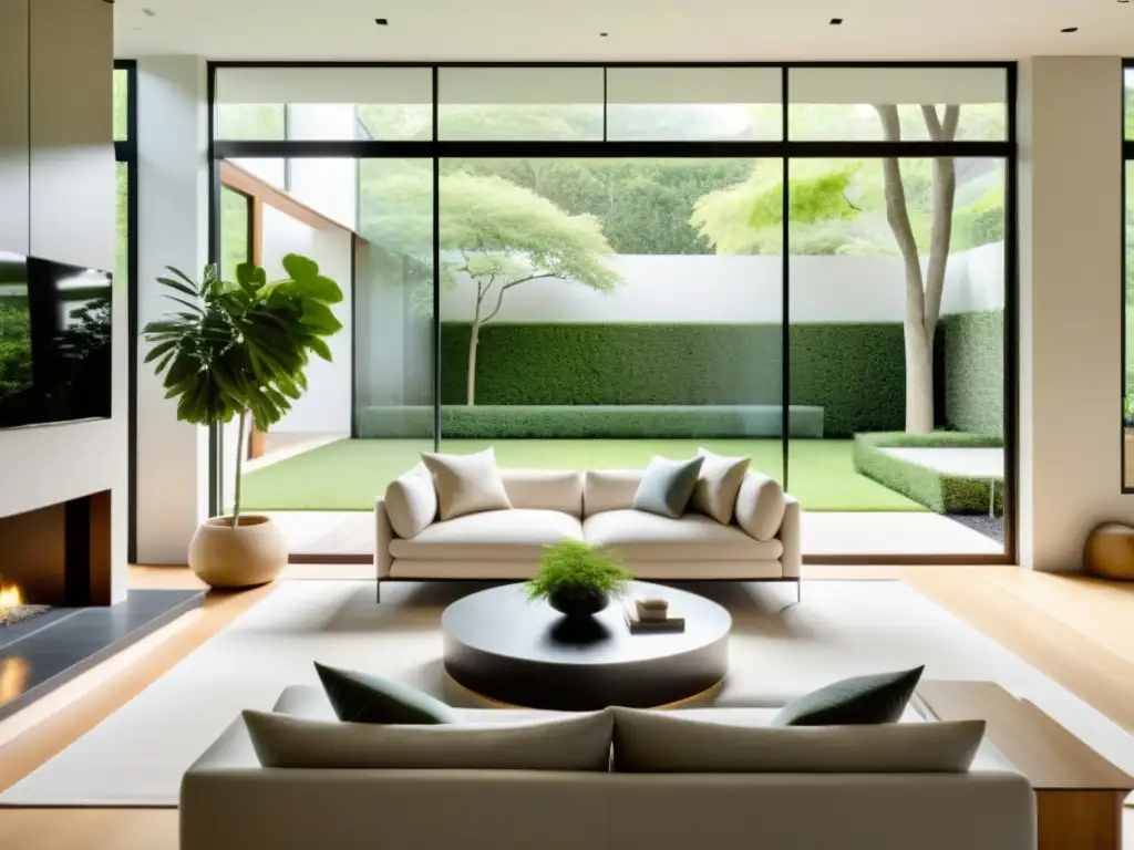 Un salón sereno y minimalista con diseño moderno y feng shui, bañado en luz natural y decorado con armonía y tranquilidad