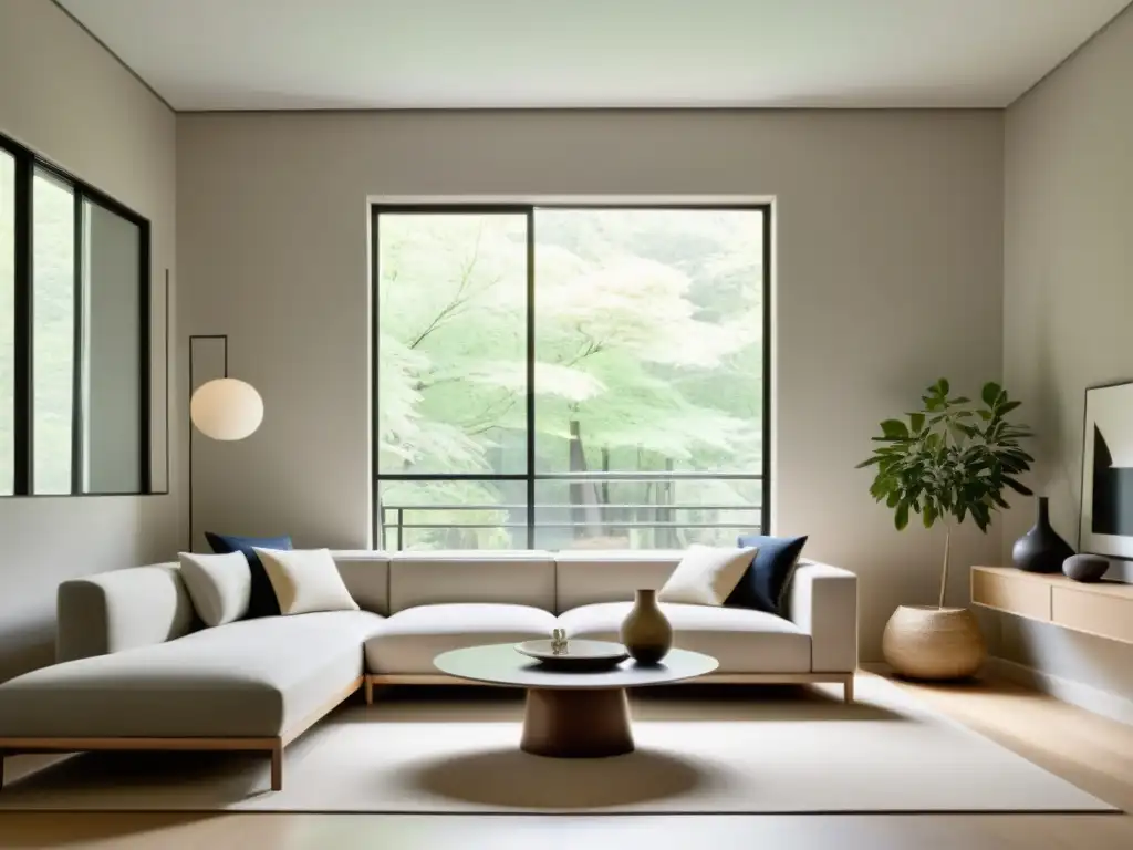 Salón sereno y minimalista con diseño armonioso y estrategias Feng Shui para armonizar hogar