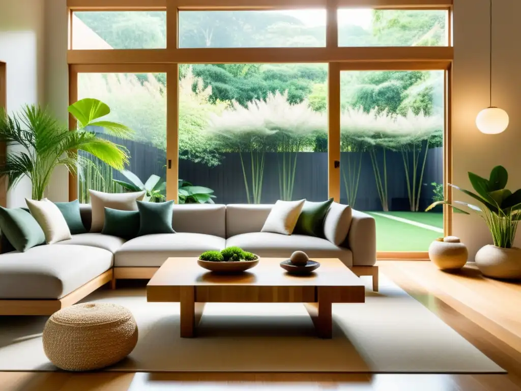 Un salón sereno y minimalista con diseño ecofriendly con Feng Shui