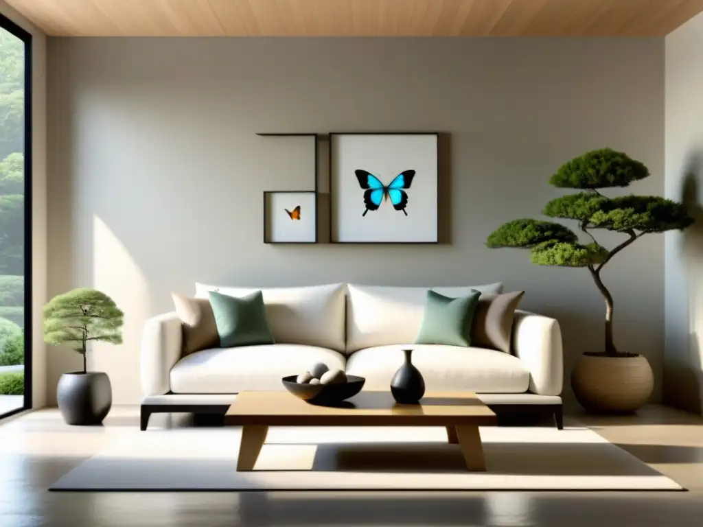 Serenidad minimalista: sala con decoración elegante y efecto mariposa Un salón sereno y minimalista con decoración Feng Shui, destacando el efecto mariposa en la tranquilidad del ambiente