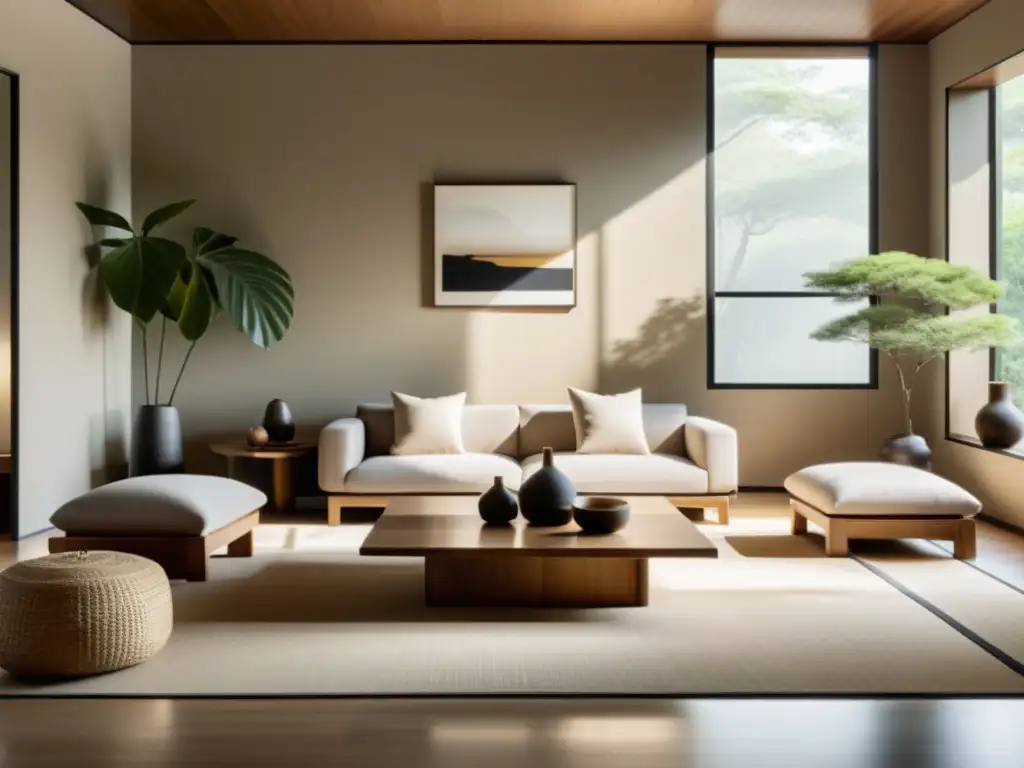 Salón sereno y minimalista con jardín Zen, muebles elegantes y luz natural, ideal para aplicar el Feng Shui para aceptar el envejecimiento