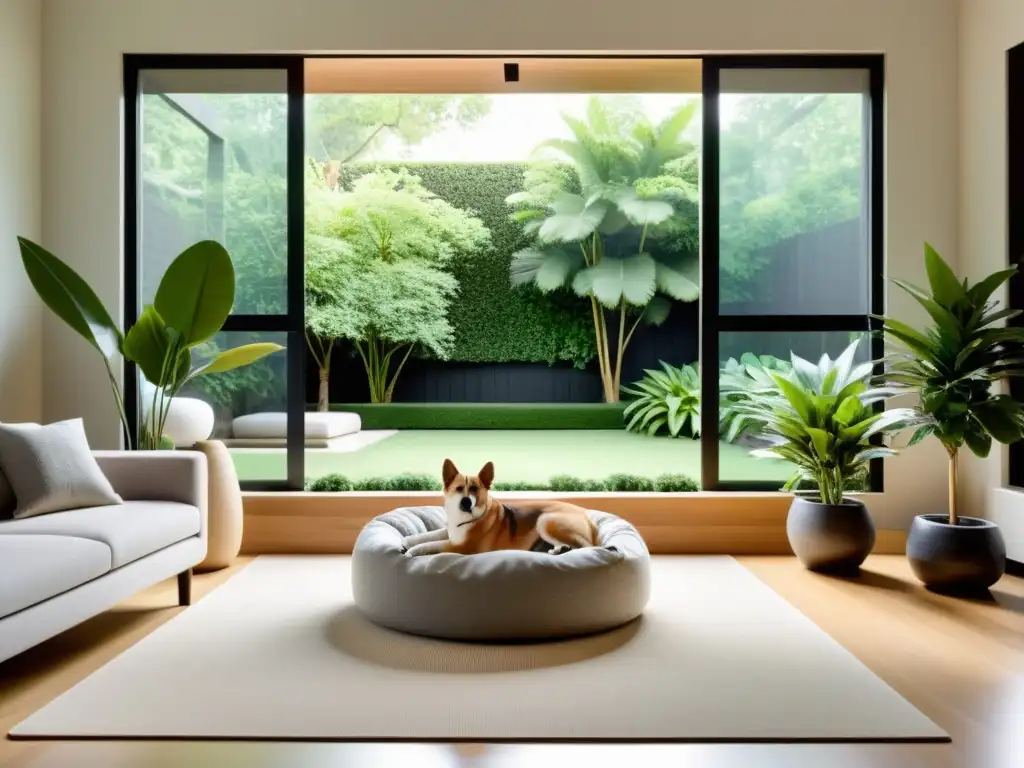 Un salón sereno con decoración minimalista y elementos de feng shui, rodeado de naturaleza