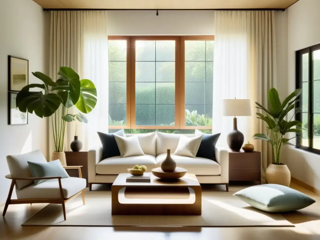 Salón sereno y minimalista con elementos Feng Shui, armonía y energía veraniega