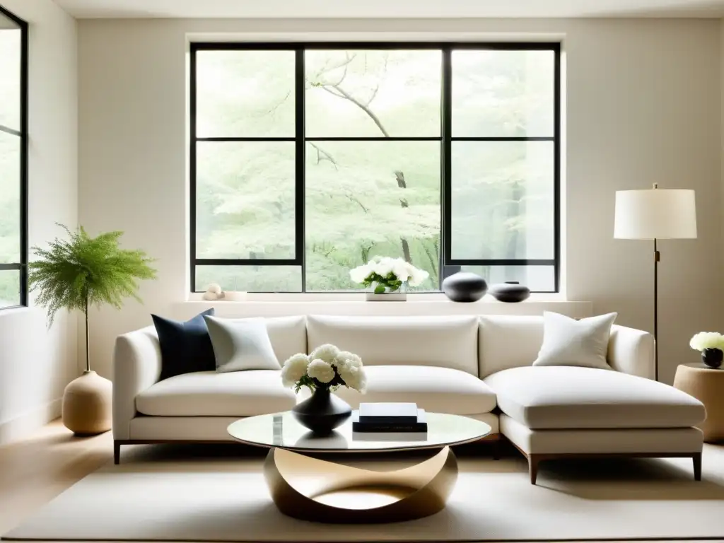 Armonía y equilibrio: sala minimalista con energía tranquila Un salón sereno y minimalista con elementos de yin y yang: paleta de colores suaves, líneas limpias y decoración cuidadosamente seleccionada que refleja quietud y movimiento
