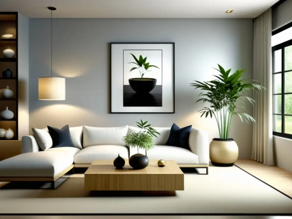 Un salón sereno y minimalista con elementos de Feng Shui en una fusión de estilo moderno