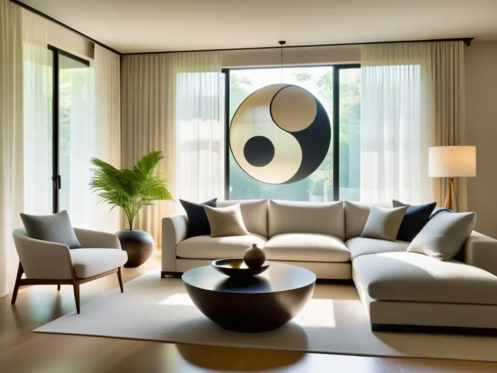 Un salón sereno y minimalista equilibrando energías opuestas con Feng Shui