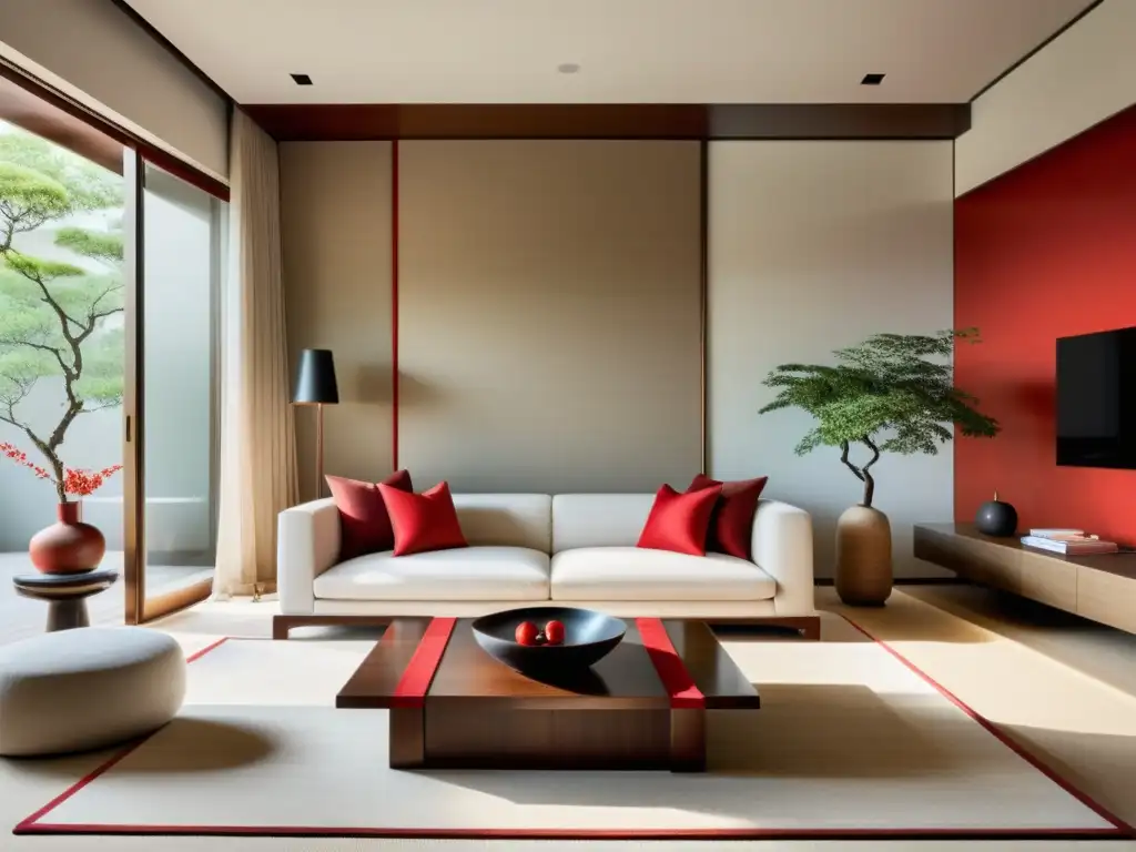 Salón sereno y minimalista con equilibrio entre diseño oriental y occidental, inspirado en el Feng Shui en ambientes multiculturales