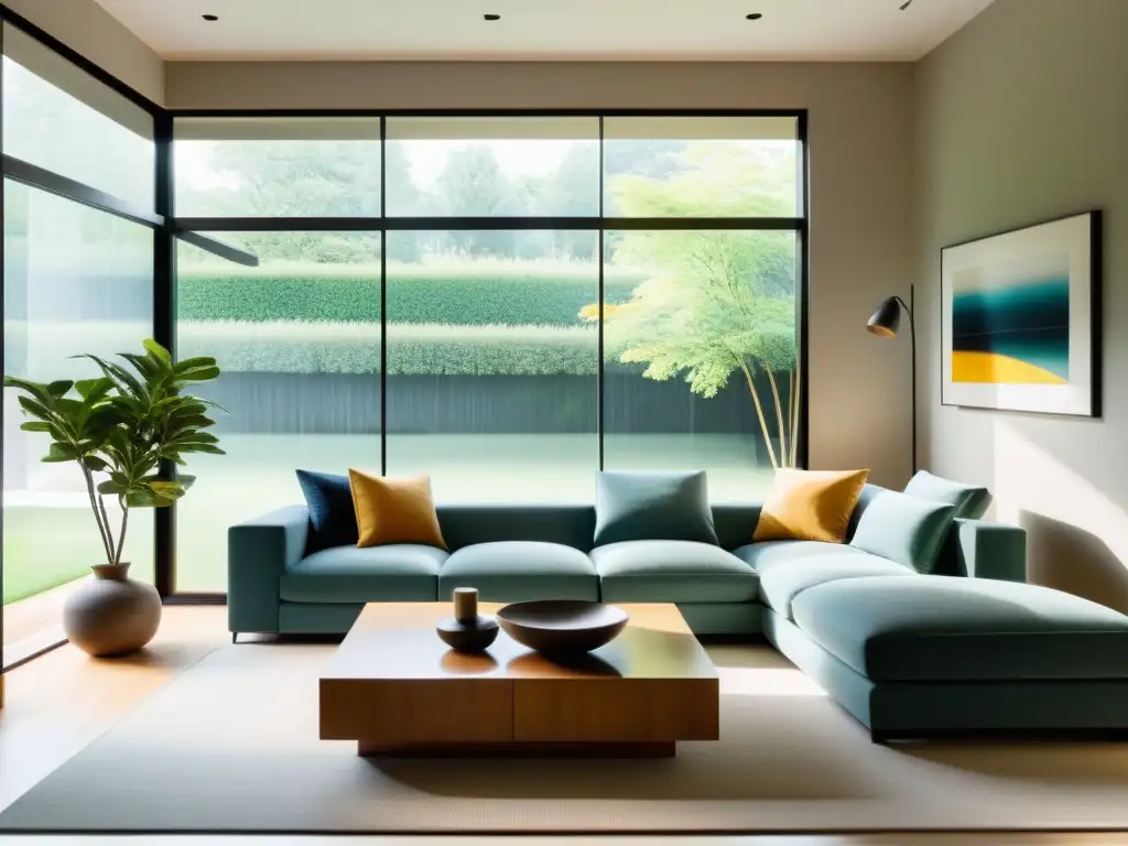 Un salón sereno y minimalista, con diseño de interiores Feng Shui que incorpora equilibrio, materiales naturales y armonía