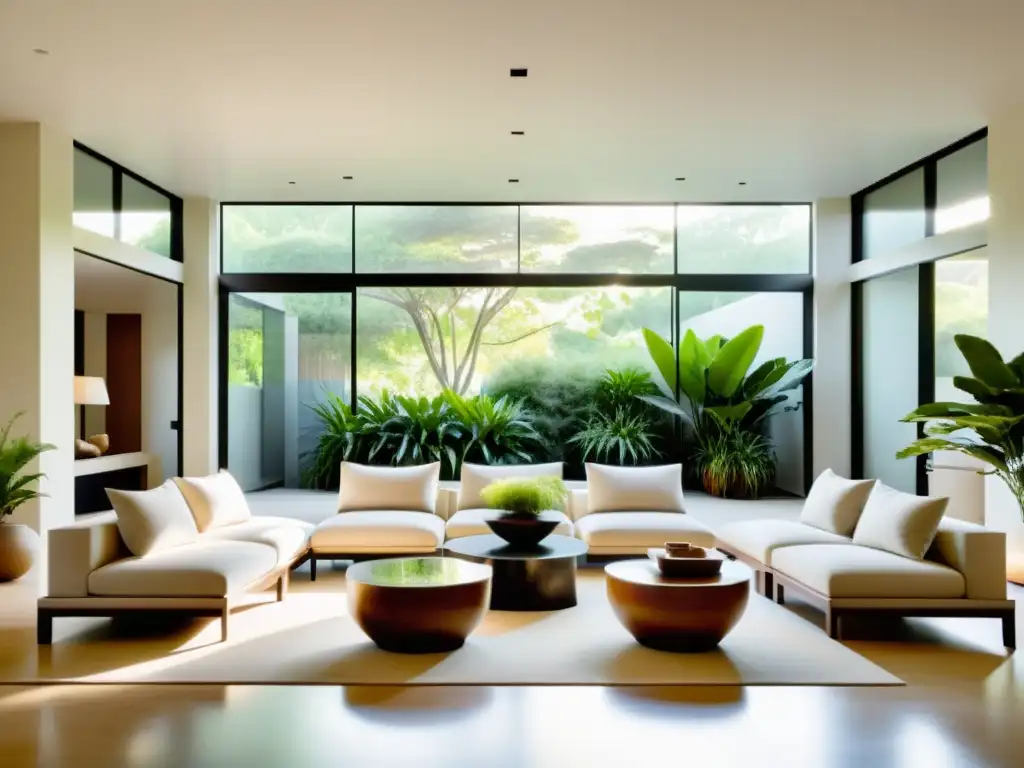 Un salón sereno y minimalista con equilibrio y armonía gracias al Feng Shui, inundado de luz natural y decoración cuidadosamente dispuesta