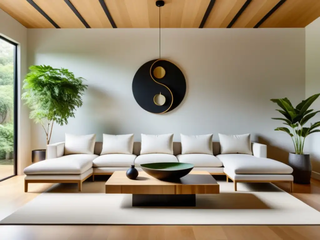 Un salón sereno y minimalista con equilibrio y armonía con Feng Shui, diseño simétrico, materiales naturales y paleta de colores relajante