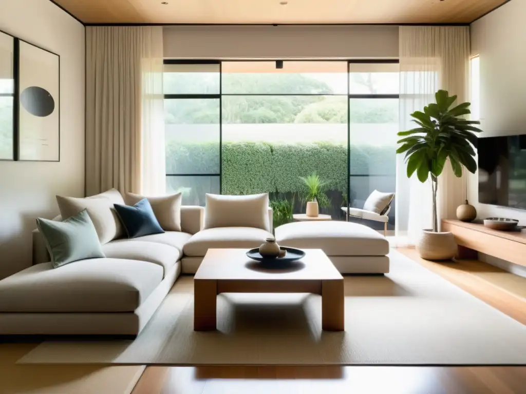 Un salón sereno y minimalista con equilibrio energético hogar con Feng Shui, muebles y decoración en tonos neutros