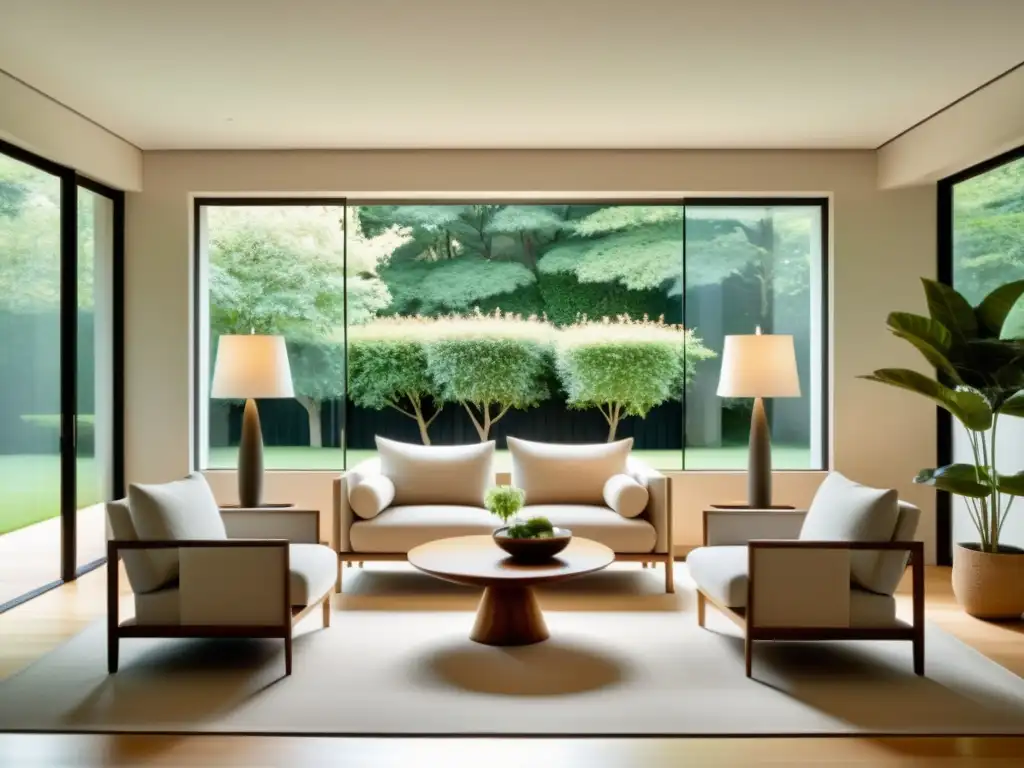 Un salón sereno y minimalista con equilibrio emocional con Feng Shui, inundado de luz natural y decoración simétrica en tonos neutros