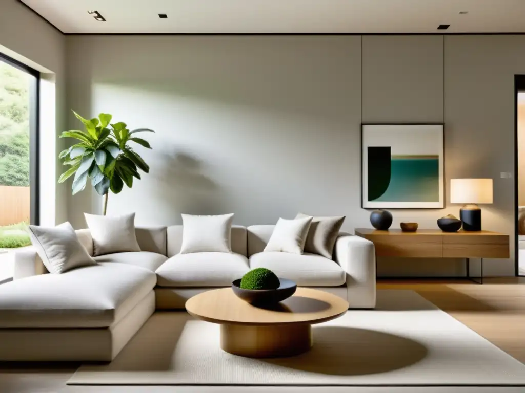 Un salón sereno y minimalista que fusiona estilo moderno con principios Feng Shui, equilibrando jardín interior, luz natural y mobiliario armonioso